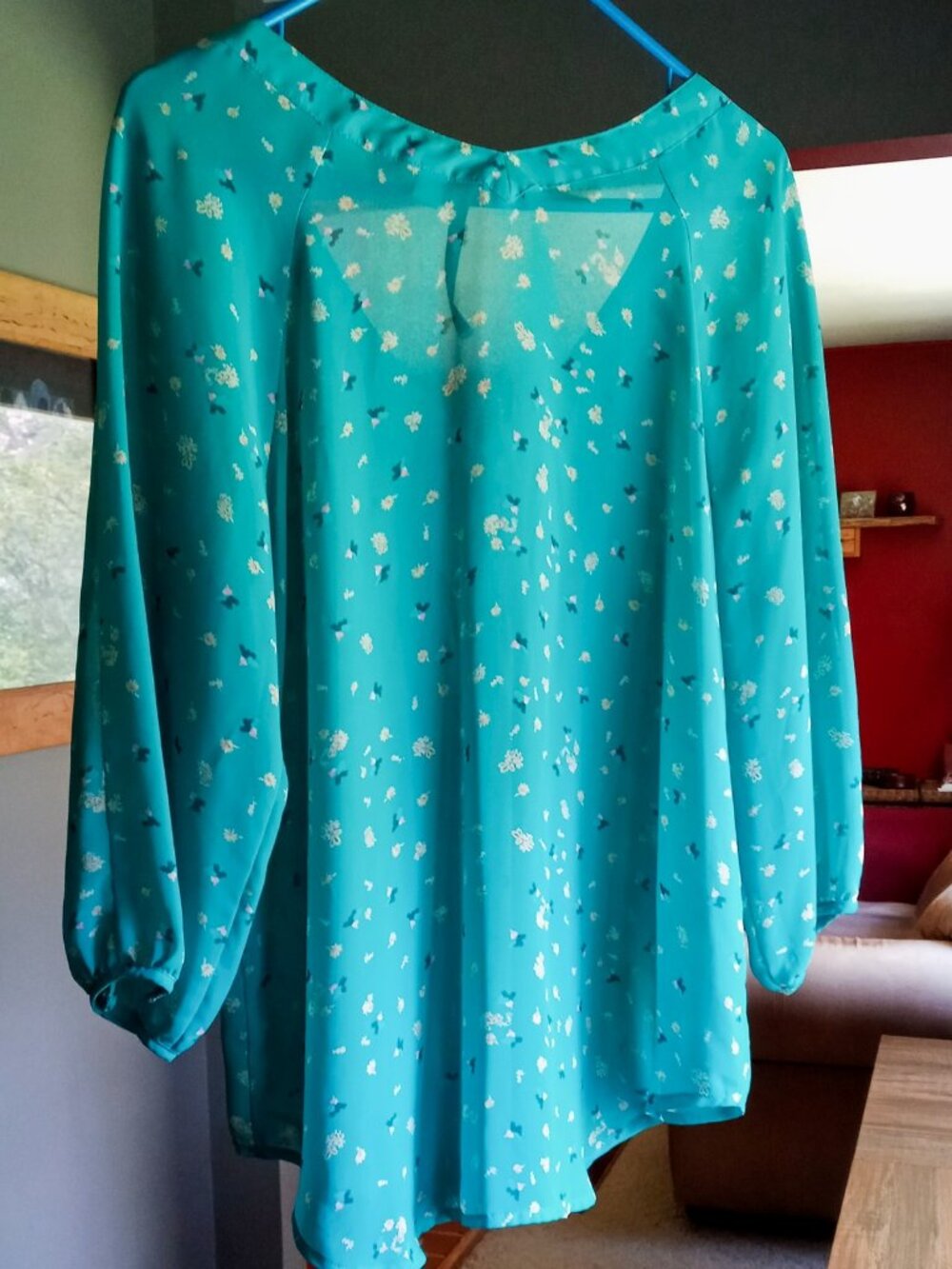 LC Lauren Conrad Women's Sz L Turquoise Blue Floral Semi-Sheer Blouse 3/4 Sleeve - Picture 9 of 15